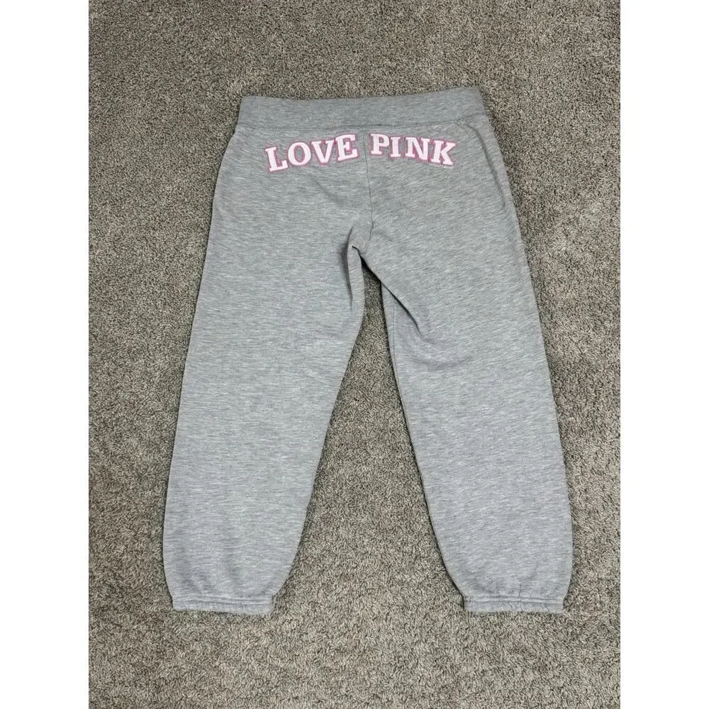 Y2K VICTORIA’S SECRET PINK Gray University Embroidered Crop Sweatpants Joggers S
